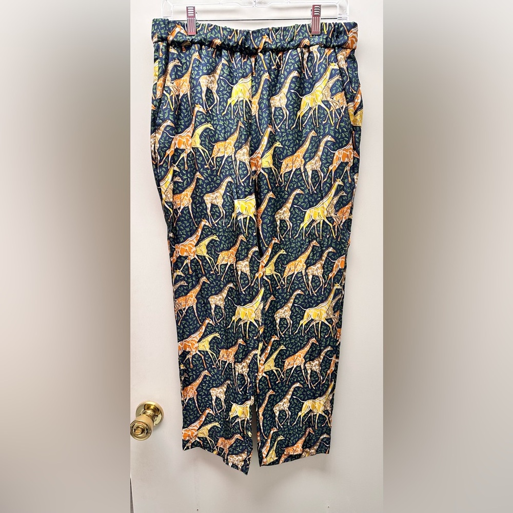 J Crew Collection Pull On Silk Twill Pant in Spice Saffron Giraffe Print size10